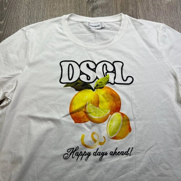 Desigual Mens White Short Sleeve Happy Days Ahead Graphic T-Shirt Size X-Large - Picture 4 of 9